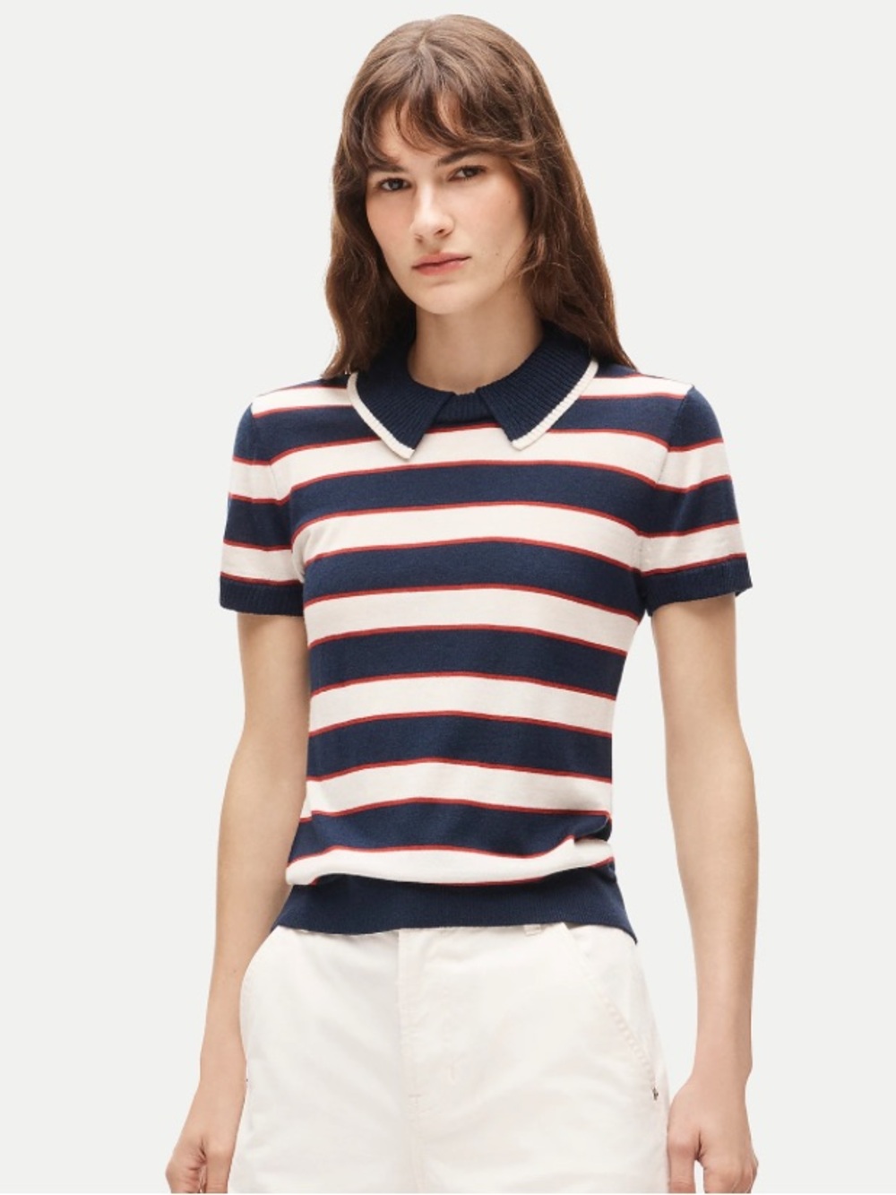 J crew navy stripe Sweater-polo in striped merino wool